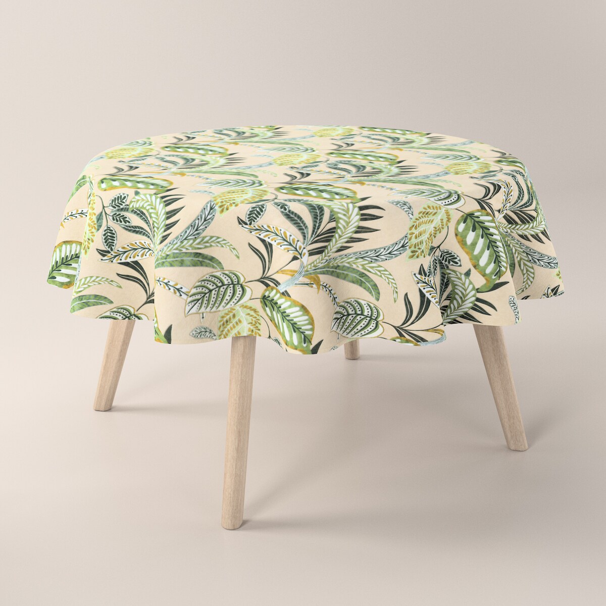 Obrus okrągły 160 x 160 cm oliwkowo-zielone liście na lnianym tle