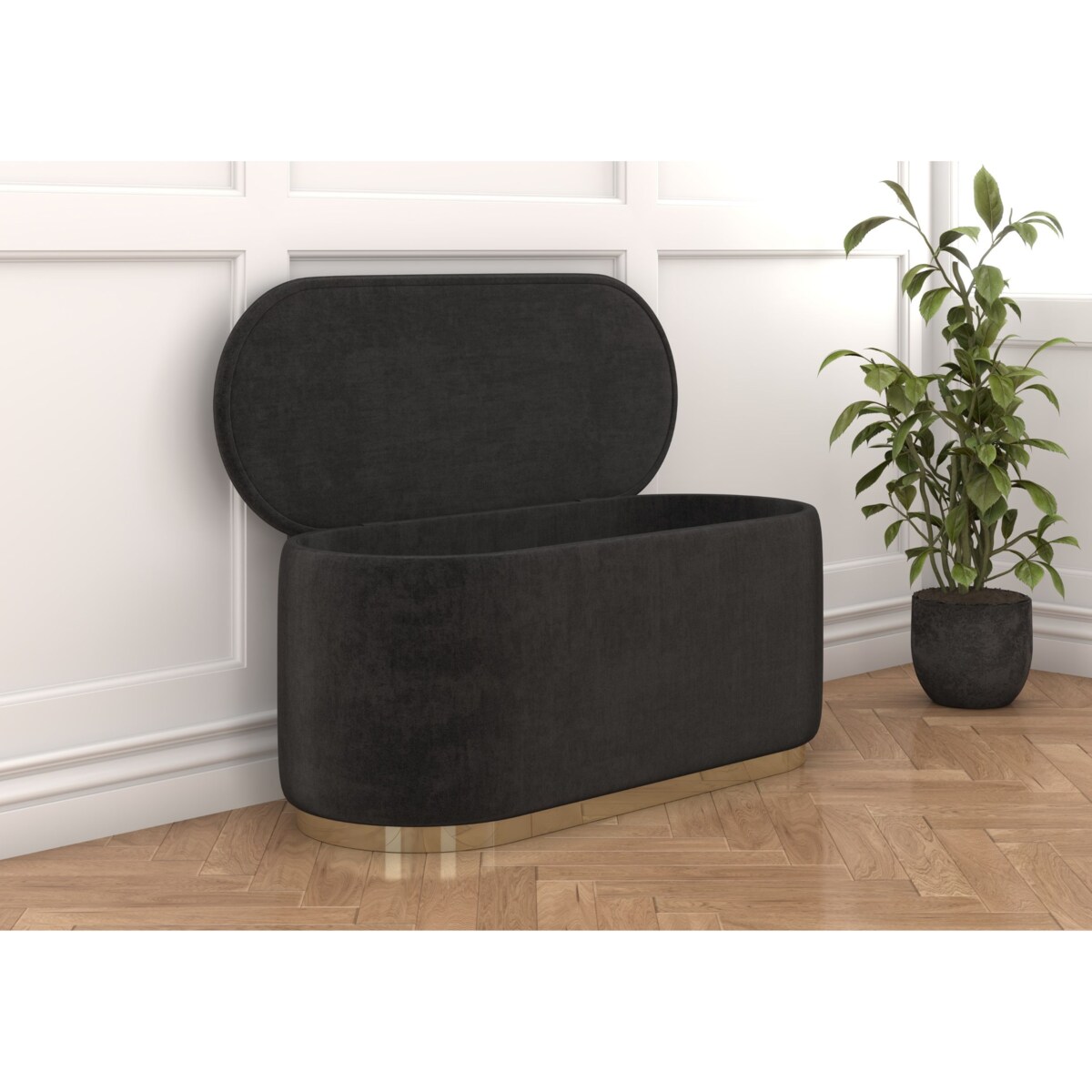 Tapicerowany owalny puf ze schowkiem Dancan SCARLETT na złotej podstawie / szer. 110 cm / szary