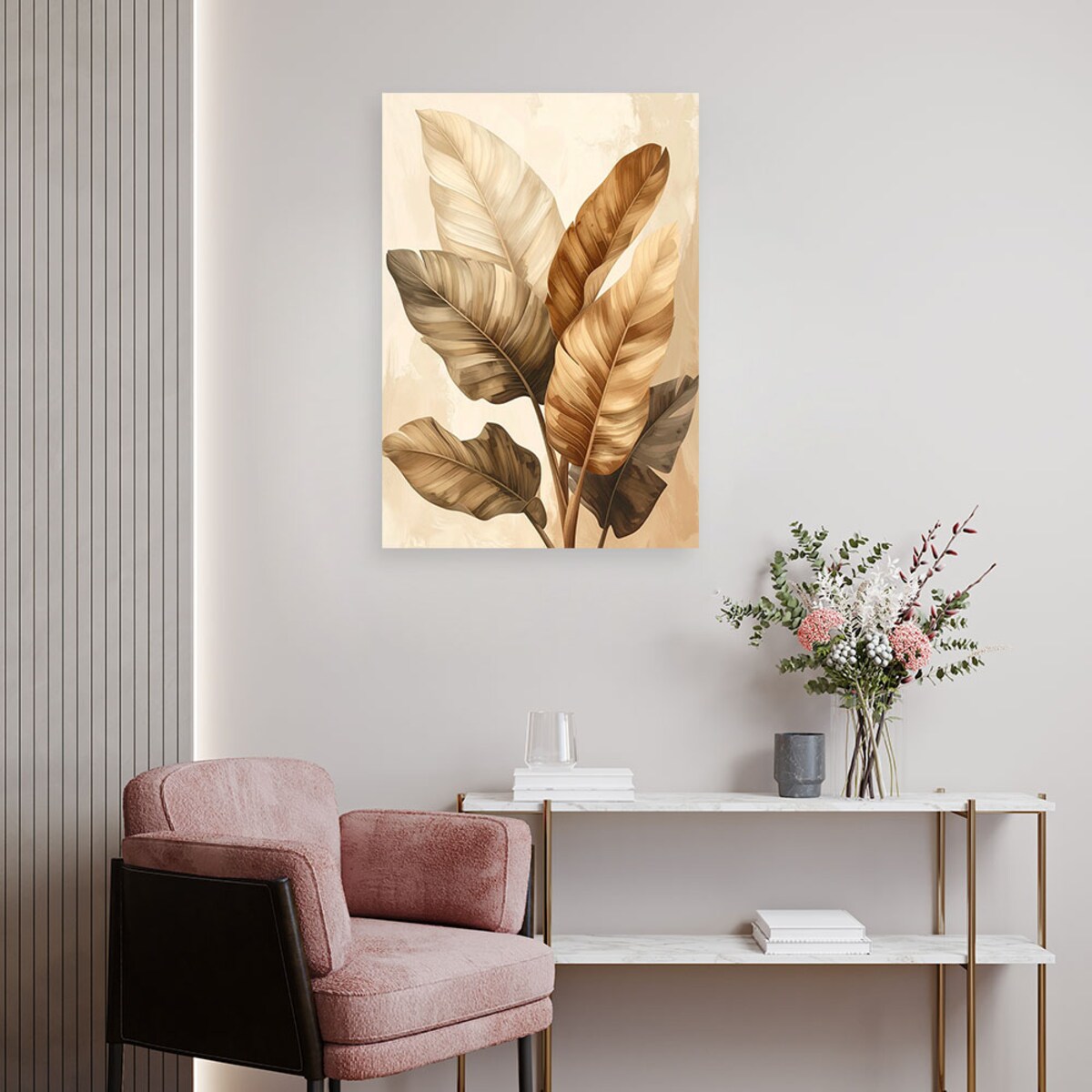 Obraz nowoczesny do salonu biura, Beżowe liście tropikalne w spokojnej botanicznej kompozycji 70x100cm