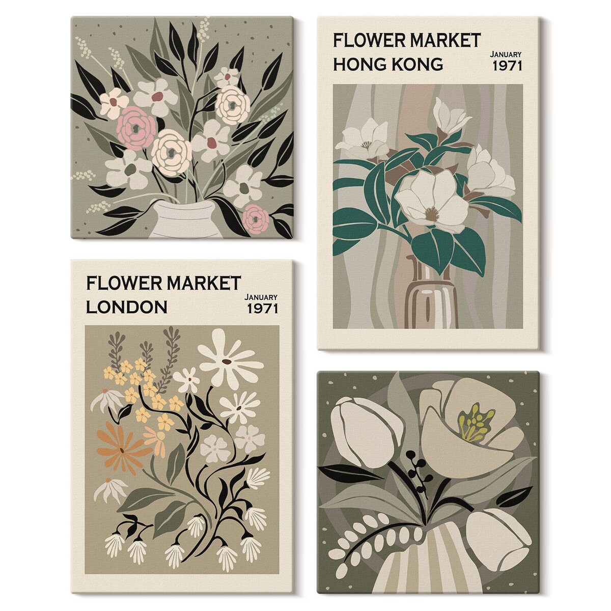 Zestaw 4 obrazów na płótnie - Kwiatowe ilustracje Londyn Hongkong boho - zielony