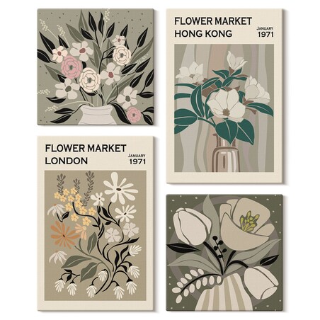 Zestaw 4 obrazów na płótnie - Kwiatowe ilustracje Londyn Hongkong boho - zielony
