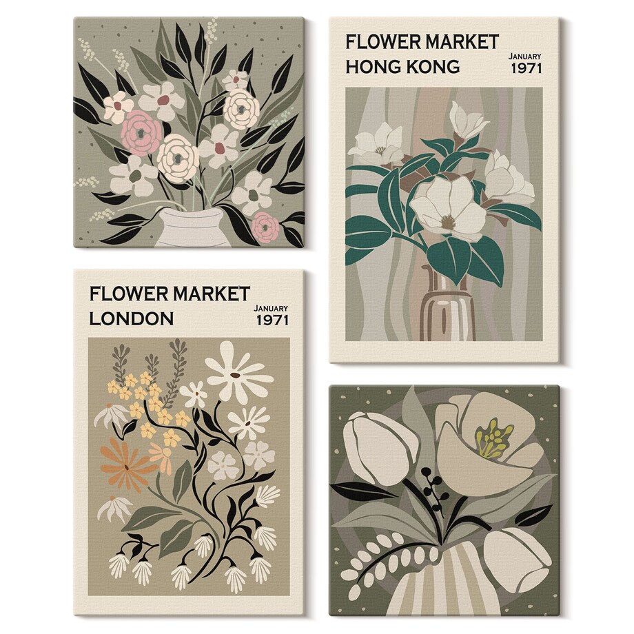 Zestaw 4 obrazów na płótnie - Kwiatowe ilustracje Londyn Hongkong boho - zielony