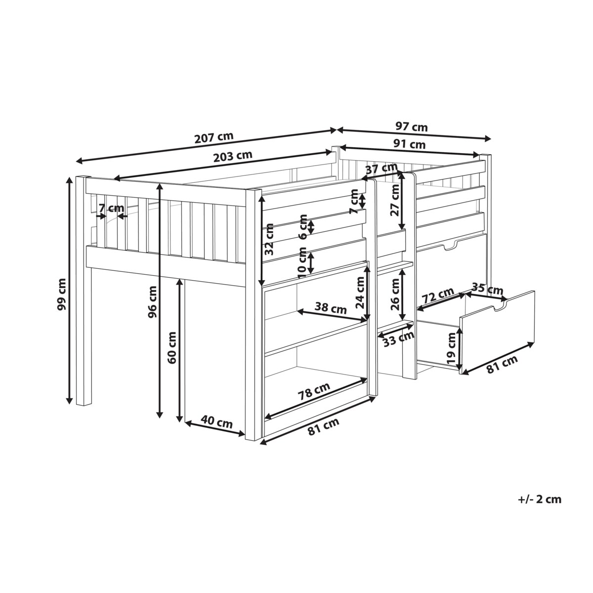 Łóżko dziecięce na podwyższeniu z szufladami drewniane 90 x 200 cm jasne drewno SUSVILLE