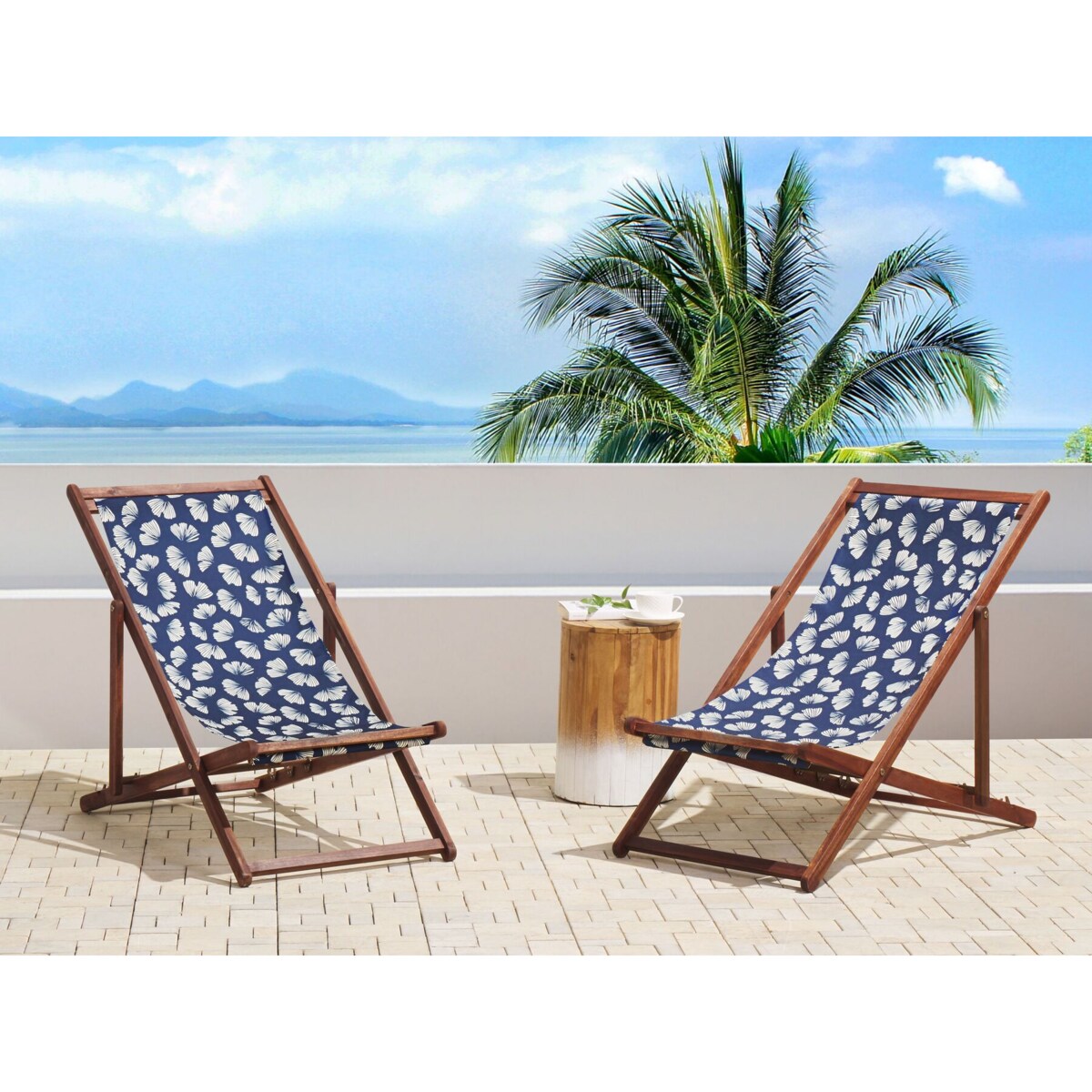 Zestaw 2 leżaków ogrodowych ciemne drewno akacjowe wzór w kwiaty ciemnoniebieski ANZIO