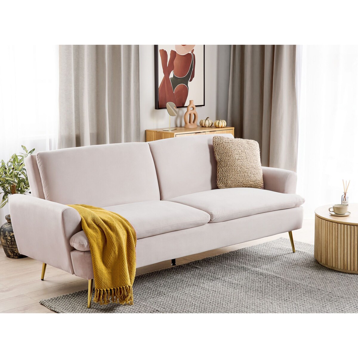 Sofa rozkładana welurowa beżowa VETTRE