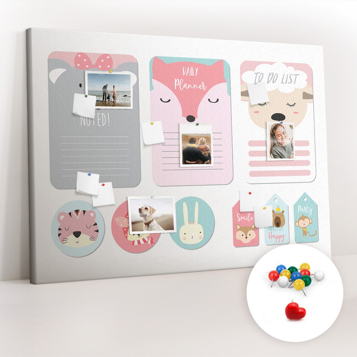 Tablica korkowa Zwierzątka 140x100cm - kolorowe pinezki