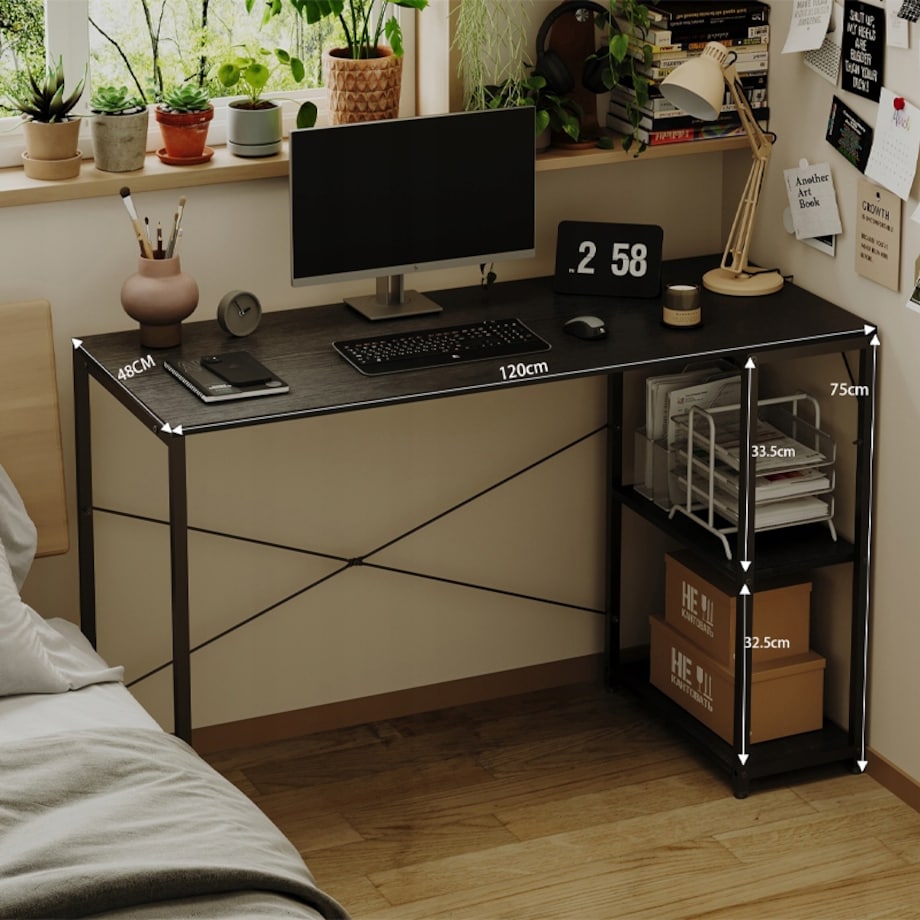 Biurko komputerowe stolik loft czarne nowoczesne z półkami industrialne 120