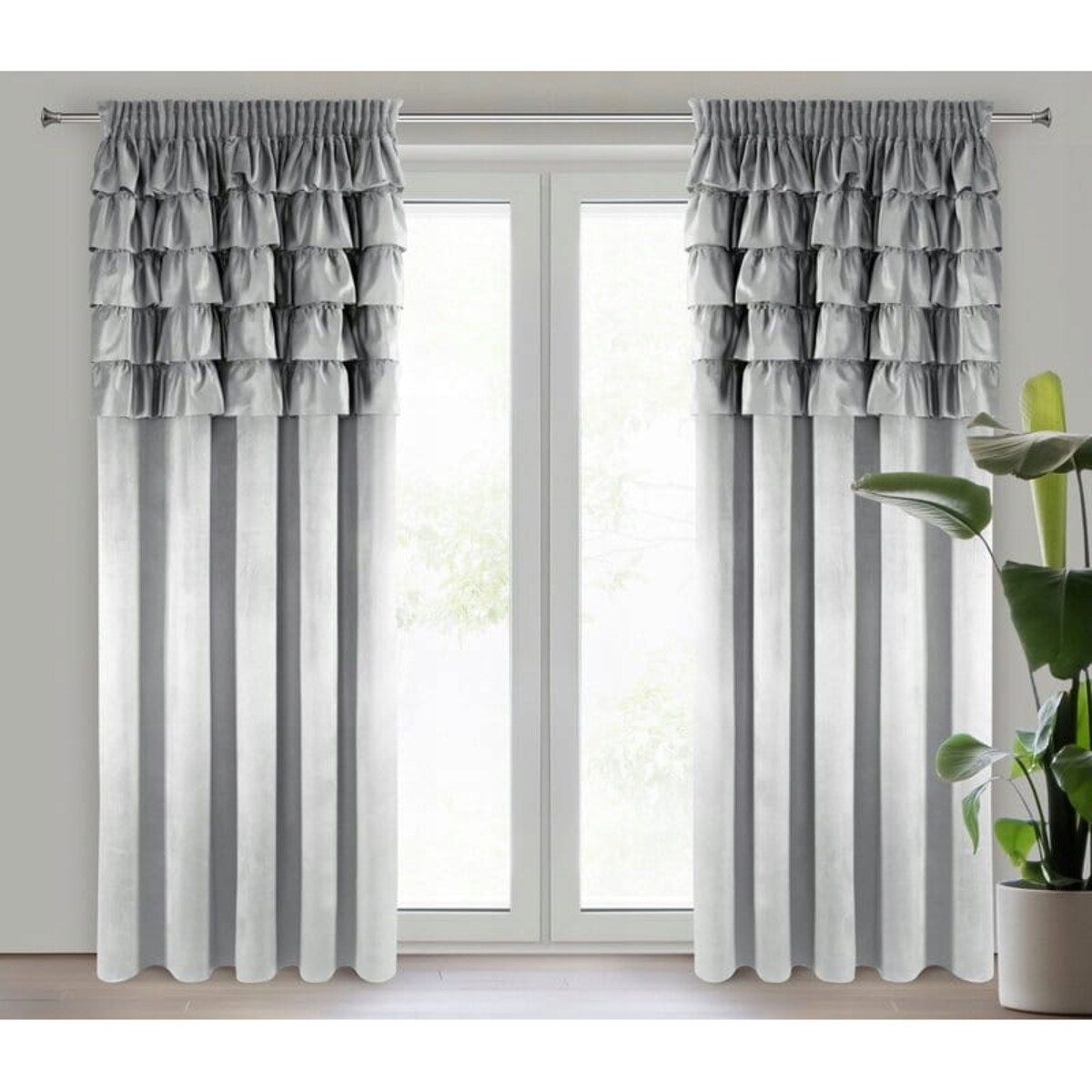 Zasłona WELUROWA Gotowa na TAŚMIE z FALBANAMI Aura 140 x 270 SREBRNA