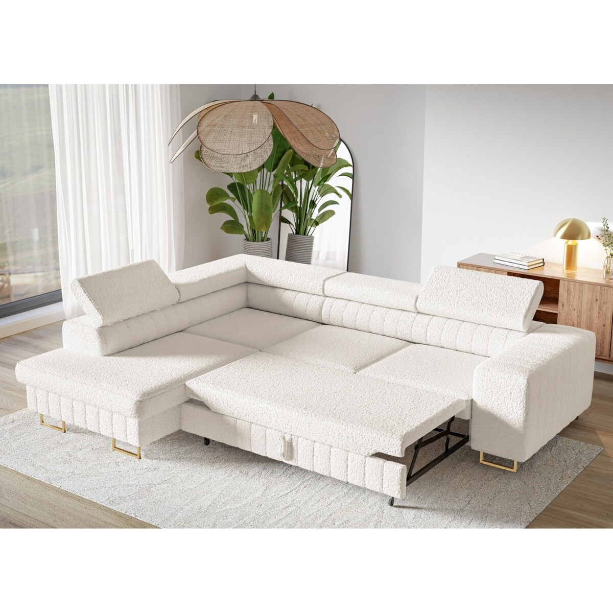 Narożnik NOLA do salonu, na złotych nogach-lewostronny-Catch Me 01- mleczny