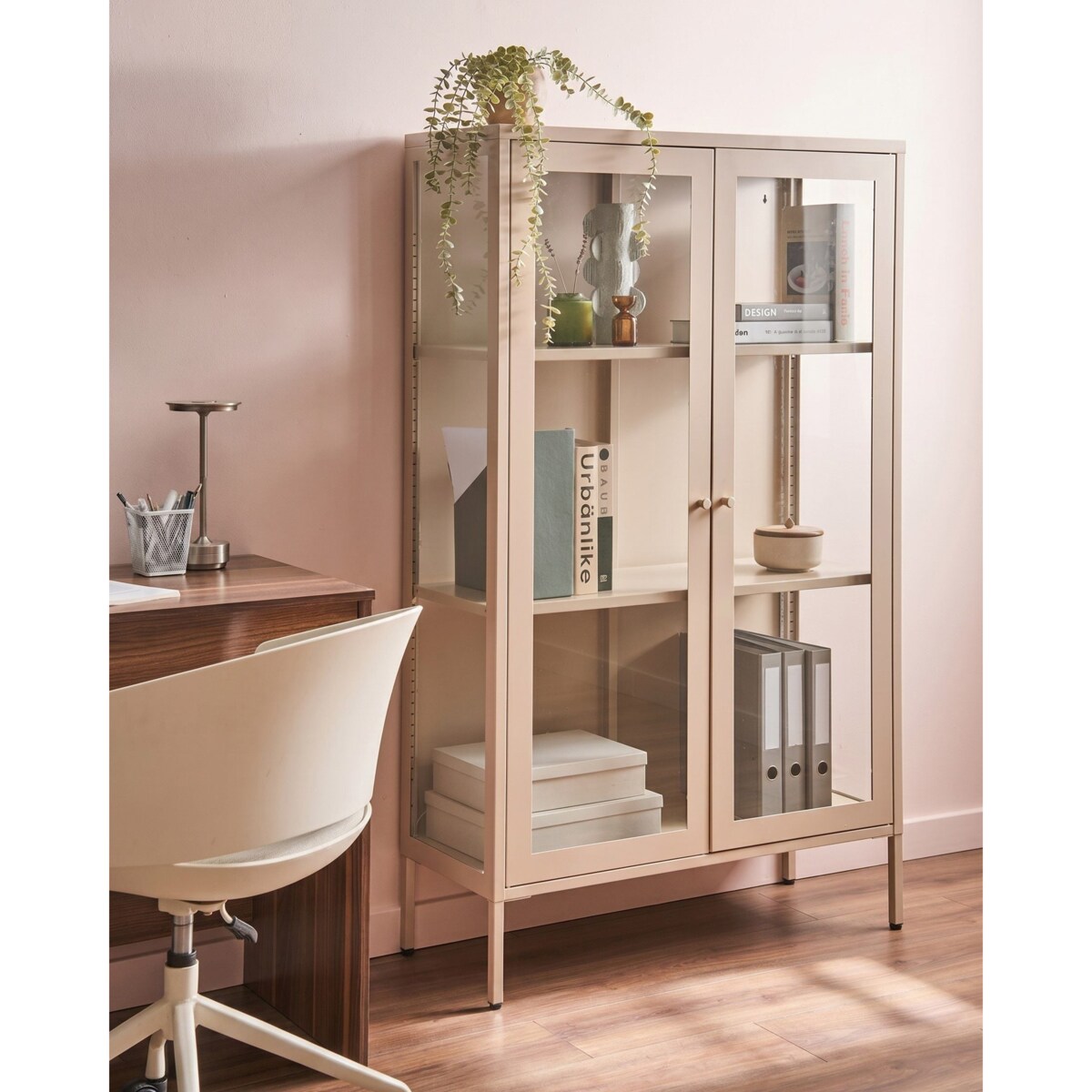 Witryna ze szklaną gablotą NASH 90 cm Metal Beżowy