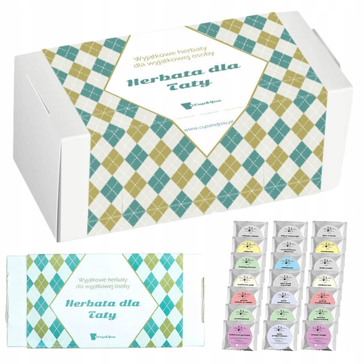 ZESTAW PREZENTOWY UPOMINKOWY BOX - 21 RÓŻNYCH HERBAT SYPANYCH W SASZETKACH - PREZENT UPOMINEK DLA TATY TEŚCIA NA DZIEŃ OJCA URODZINY