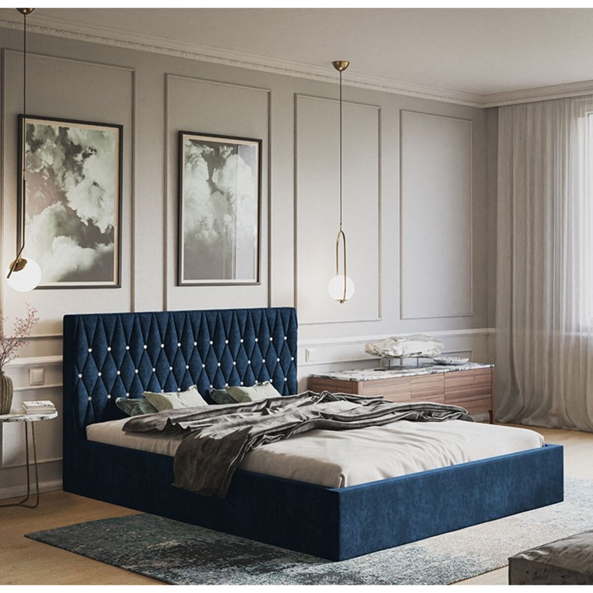 Łóżko jednoosobowe 120x200 OLDO 3 tapicerowane z pojemnikiem - granatowe