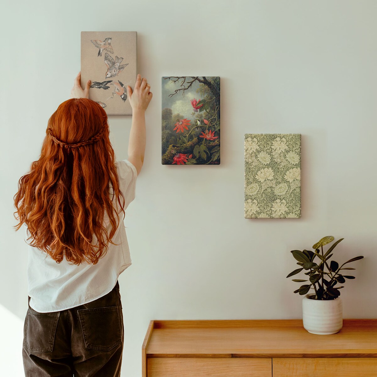 Zestaw 3 małych obrazów na płótnie - Kwiaty ptaki przyroda natura - zielony