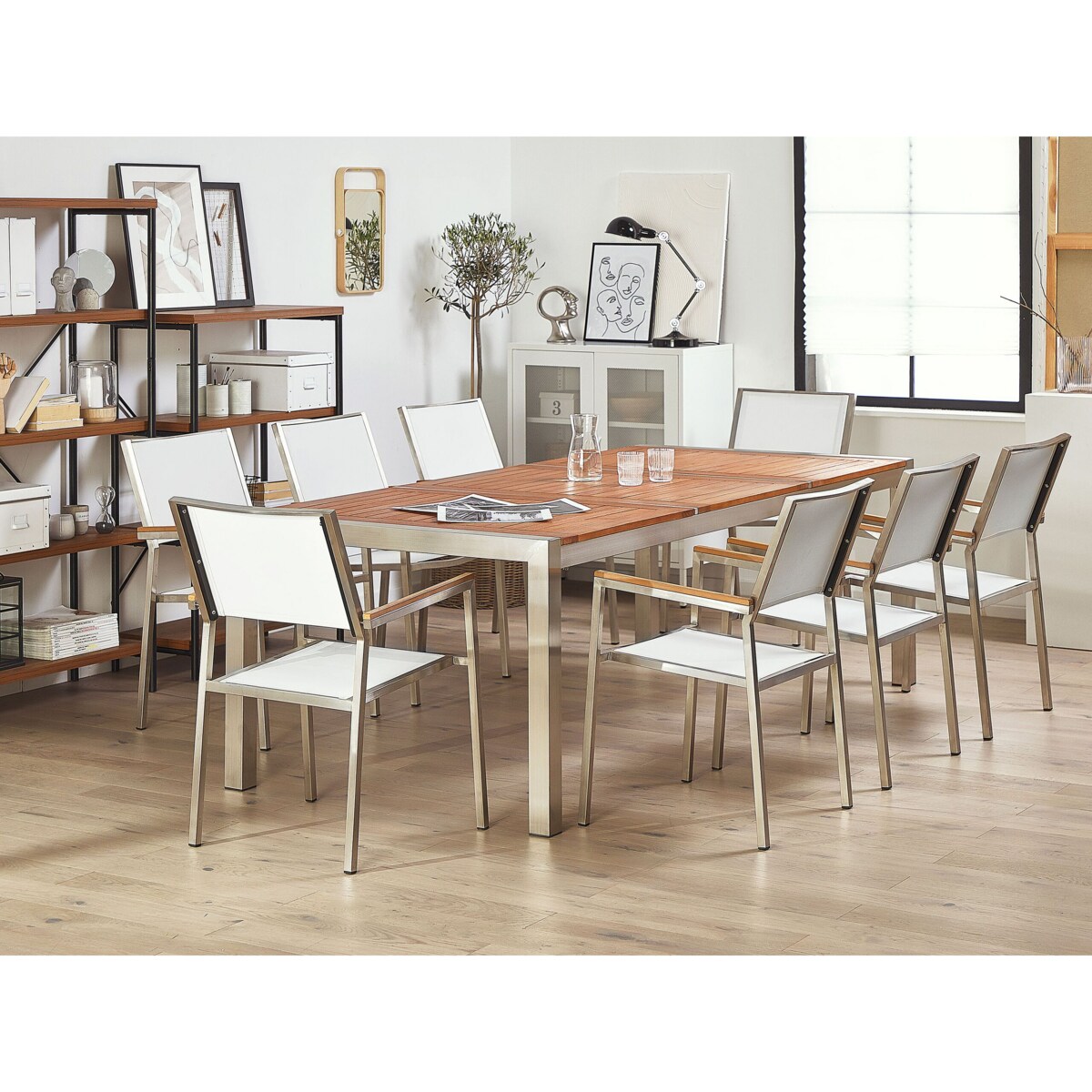 Zestaw ogrodowy stół drewniany eukaliptus i 8 krzeseł białych GROSSETO