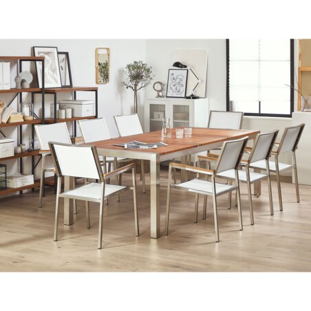 Zestaw ogrodowy stół drewniany eukaliptus i 8 krzeseł białych GROSSETO