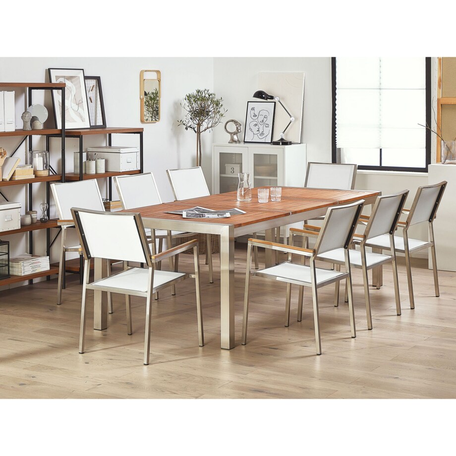 Zestaw ogrodowy stół drewniany eukaliptus i 8 krzeseł białych GROSSETO