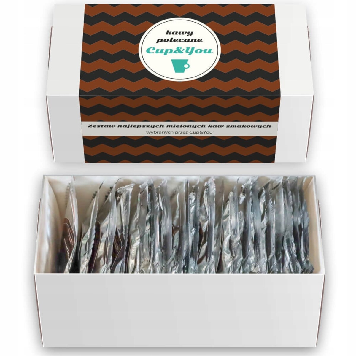 ZESTAW PREZENTOWY "KAWY POLECANE CUP&YOU" 20 RÓŻNYCH SMAKÓW KAW DESEROWYCH W SASZETKACH PO 10G NA 20 30 40 50 60 URODZINY IMIENINY DLA KOBIETY FACETA