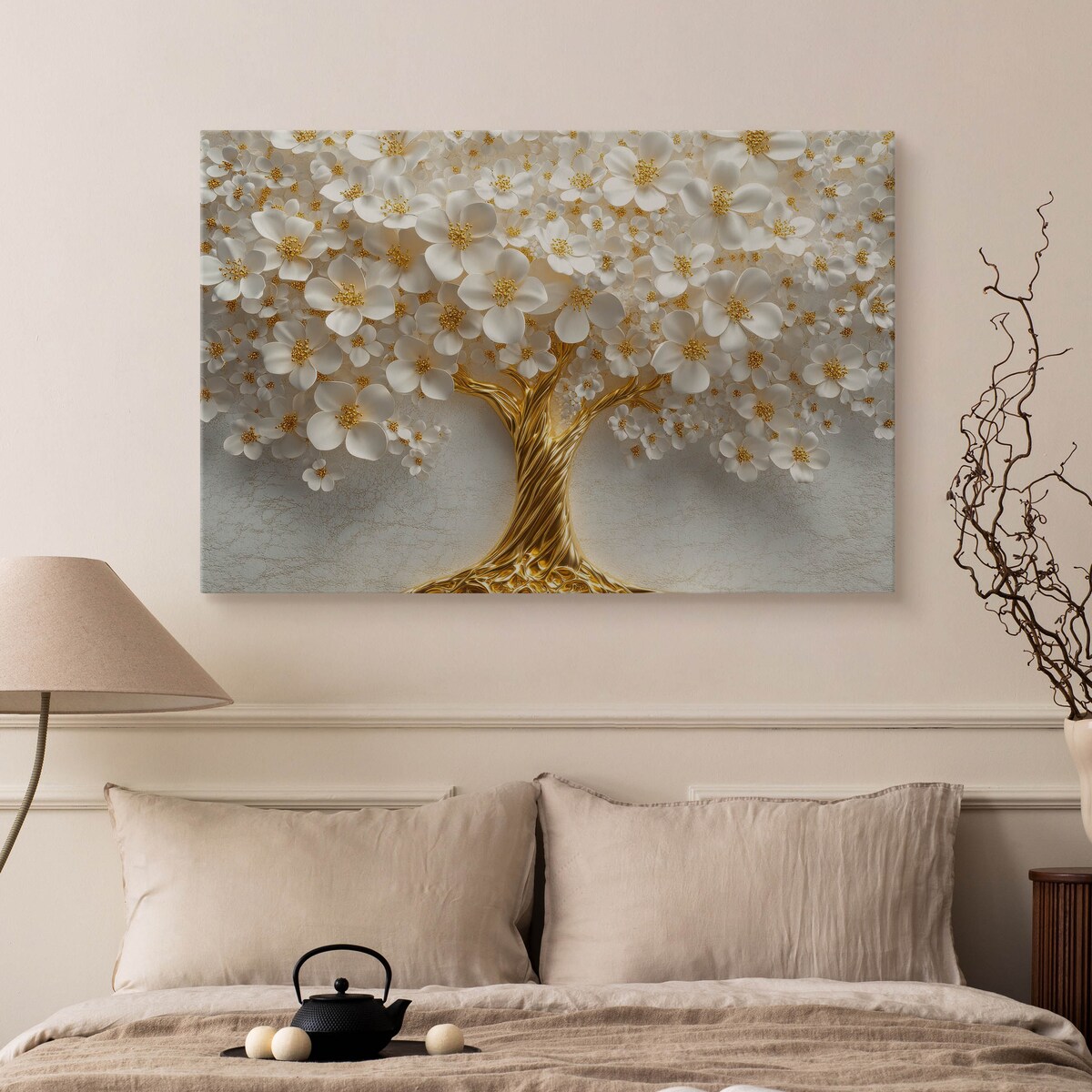 OBRAZ CANVAS DO SYPIALNI SALONU ABSTRAKCYJNE DRZEWO BIAŁE KWIATY 3D 70x50cm