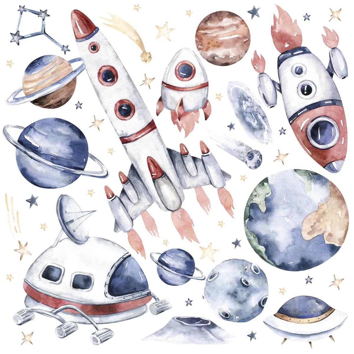 Naklejki Na Ścianę Dla Dzieci Kosmos Rakiety Planety Gwiazdy Boho ZESTAW 60x30cm