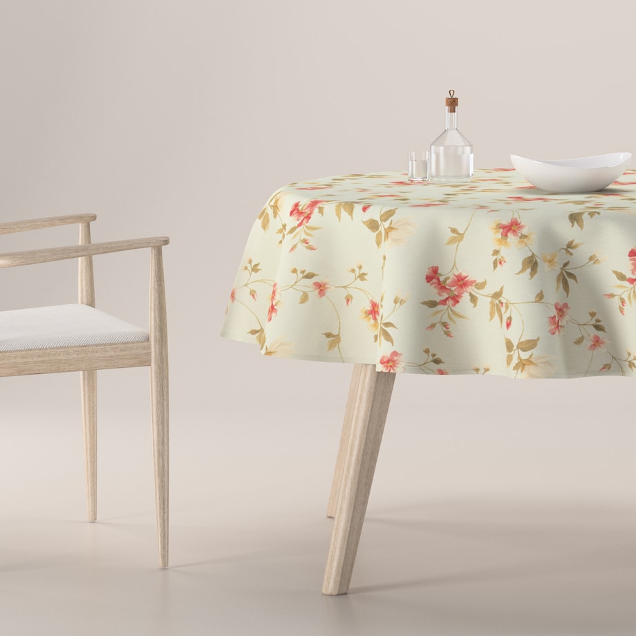 Obrus okrągły 130 x 130 cm kwiatki na jasno-błękitnym tle