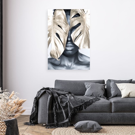 Obraz nowoczesny do salonu sypialni, Portret kobieta i złoty liść monstery 40x60
