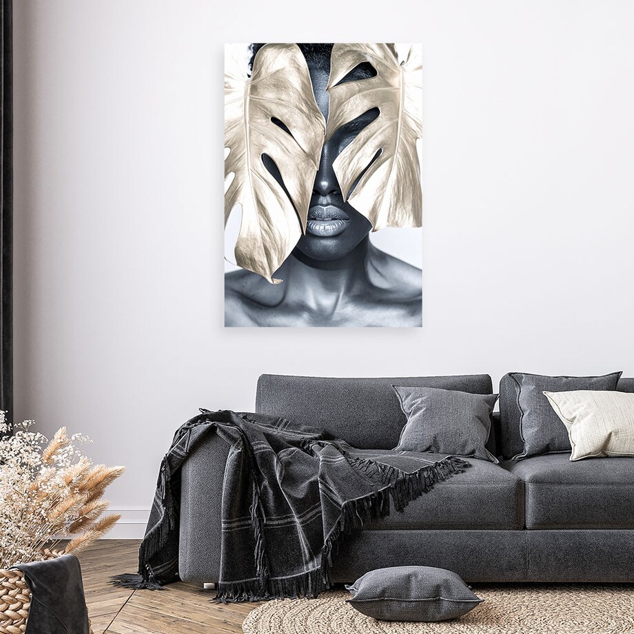 Obraz nowoczesny do salonu sypialni, Portret kobieta i złoty liść monstery 40x60