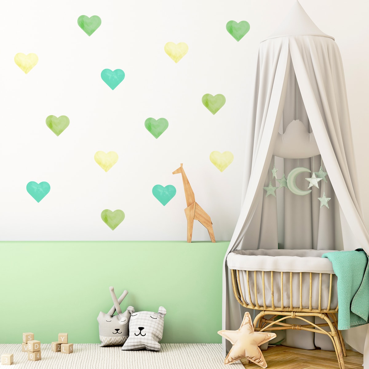 Naklejki Na Ścianę Dla Dzieci Akwarelowe SERDUSZKA Zielone Serca ZESTAW