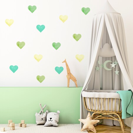 Naklejki Na Ścianę Dla Dzieci Akwarelowe SERDUSZKA Zielone Serca ZESTAW