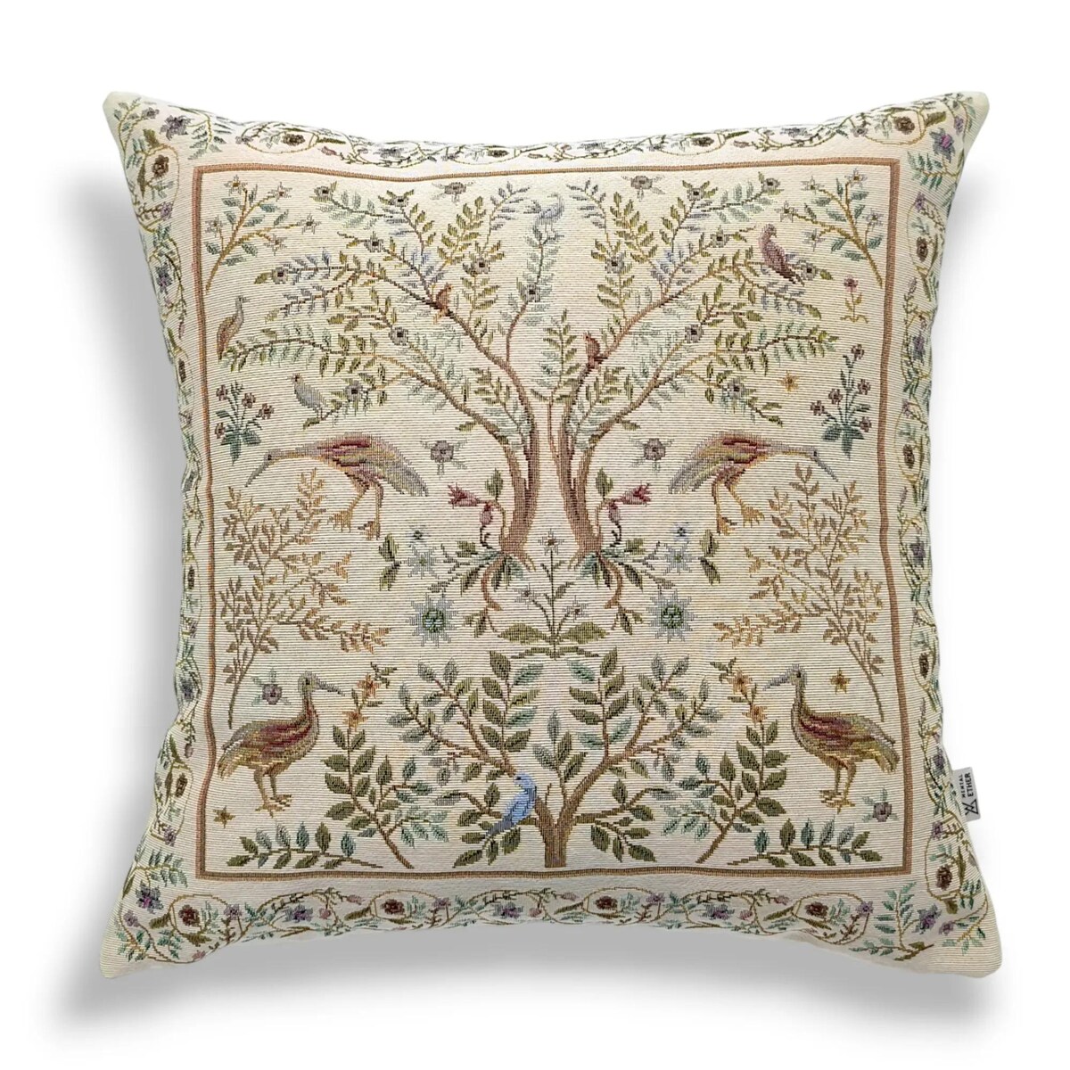 Dwustronna poduszka gobelinowa w czaple i folkowe motywy roślinne 45x45