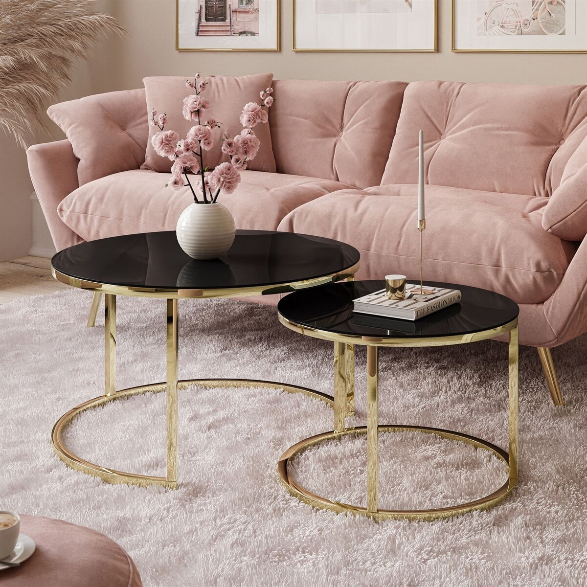 Okrągła ława CIRI 2w1 złoty chrom czarne szkło