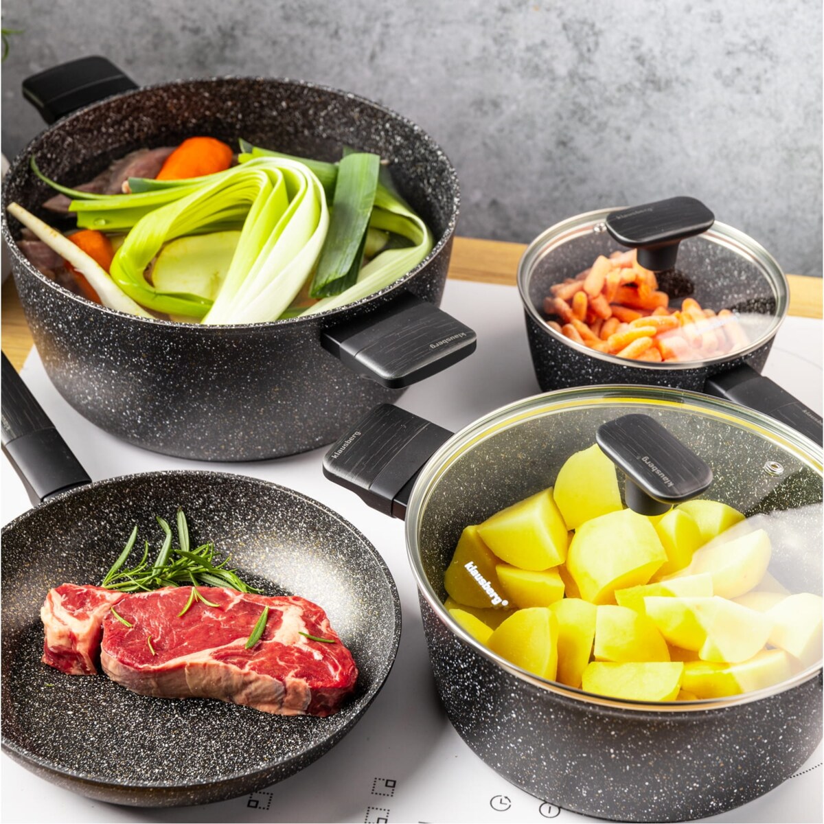 Komplet garnków z marmurkową powłoką nieprzywierającą 12-ele KLAUSBERG