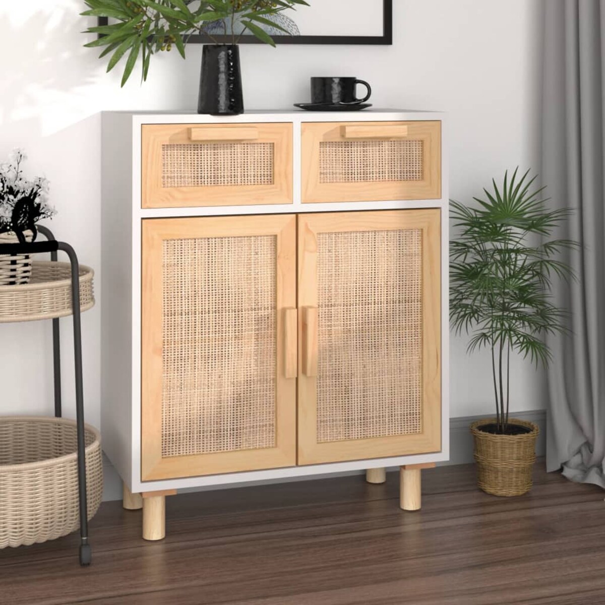 vidaXL Szafka, biała, 60x30x75 cm, lita sosna i naturalny rattan