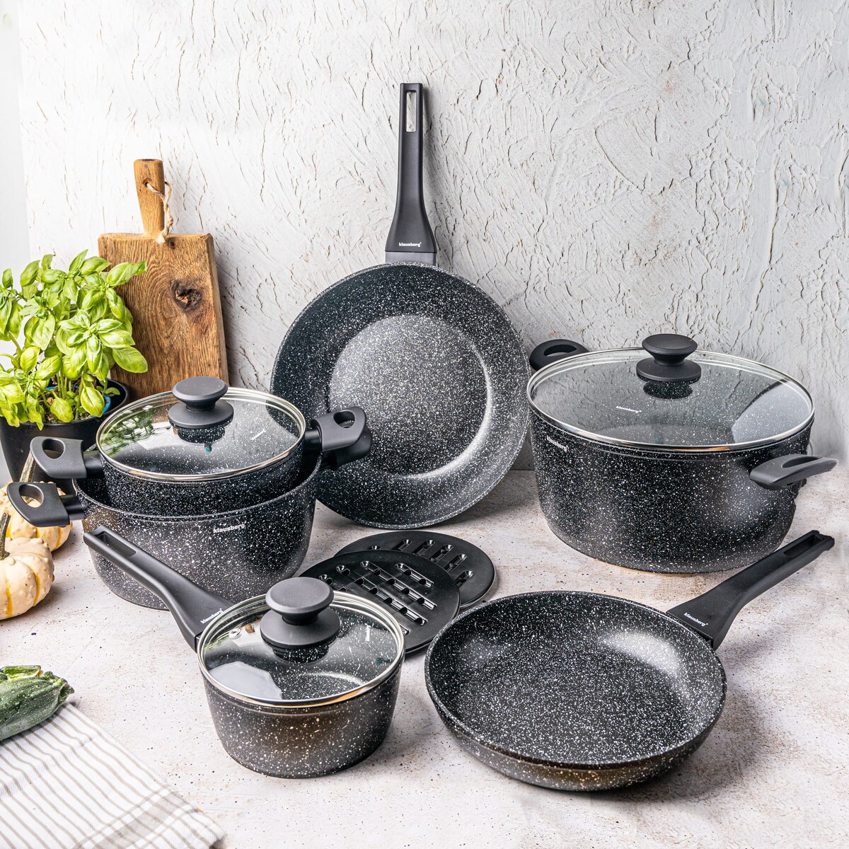 Komplet garnków z marmurkową powłoką nieprzywierającą 12-ele KLAUSBERG