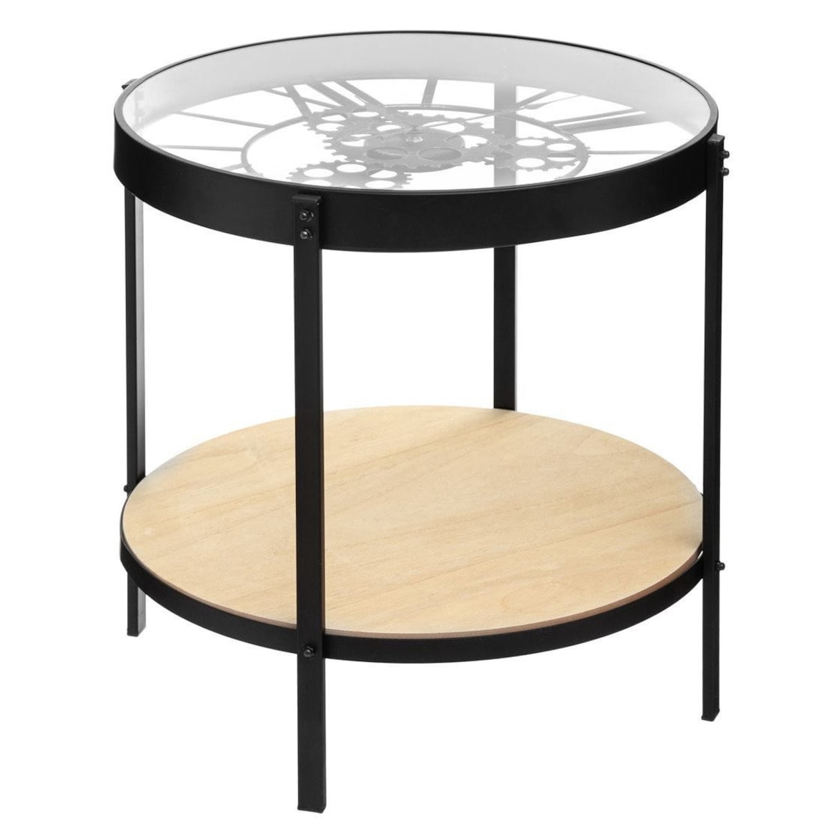 Stolik kawowy z zegarem i półką MECA, Ø 49 cm, metalowy, na baterie, kolor brązowy
