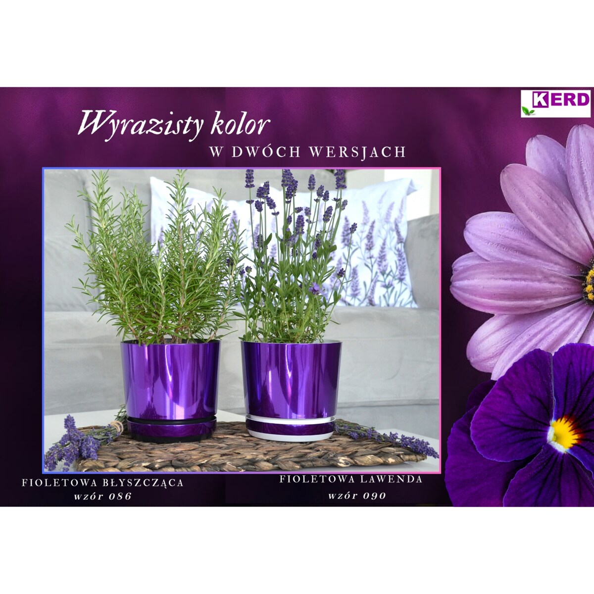 16 cm wzór FIOLETOWY BŁYSZCZĄCY Doniczka z podstawką glamour wysoki połysk metaliczny wrzosy lawenda krokusy storczyk orchidea