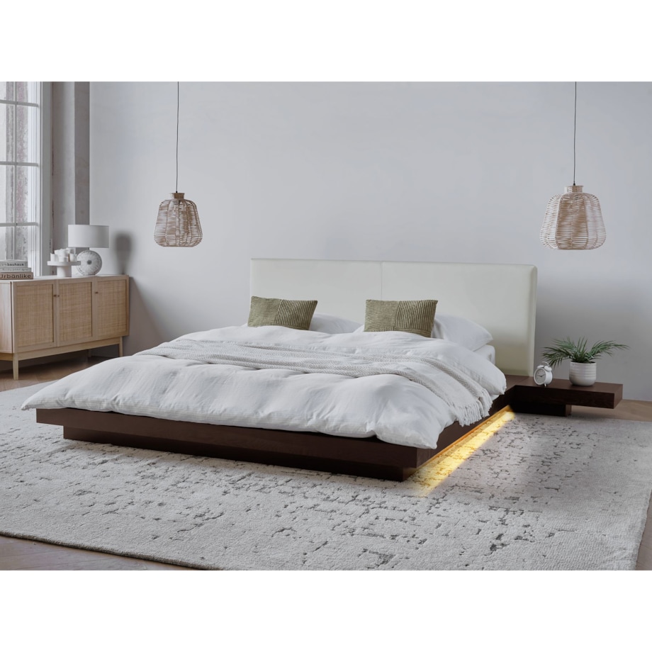 Łóżko z LED ekoskóra 160 x 200 cm ciemne drewno ZEN