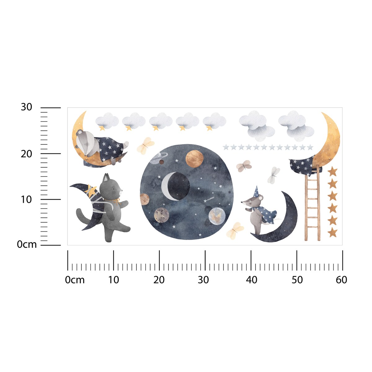 Naklejki Ścienne Dla Dzieci KOSMOS Zwierzęta Chmury Gwiazdy Boho ZESTAW