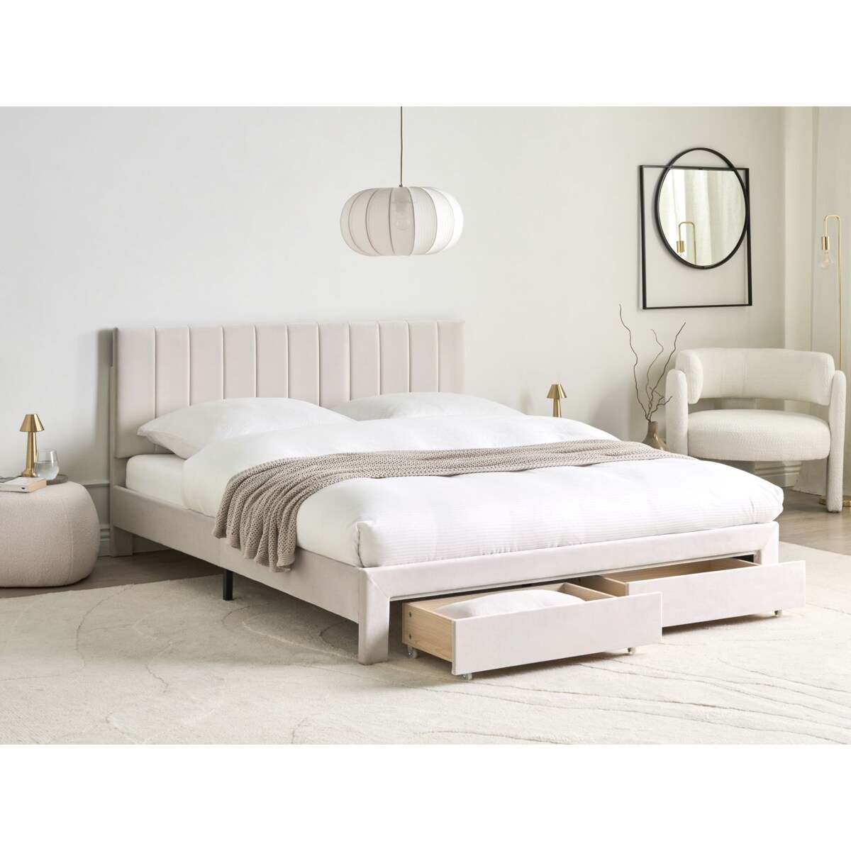 Łóżko z szufladami Welur LONZAC 160 x 200 cm Złamana biel