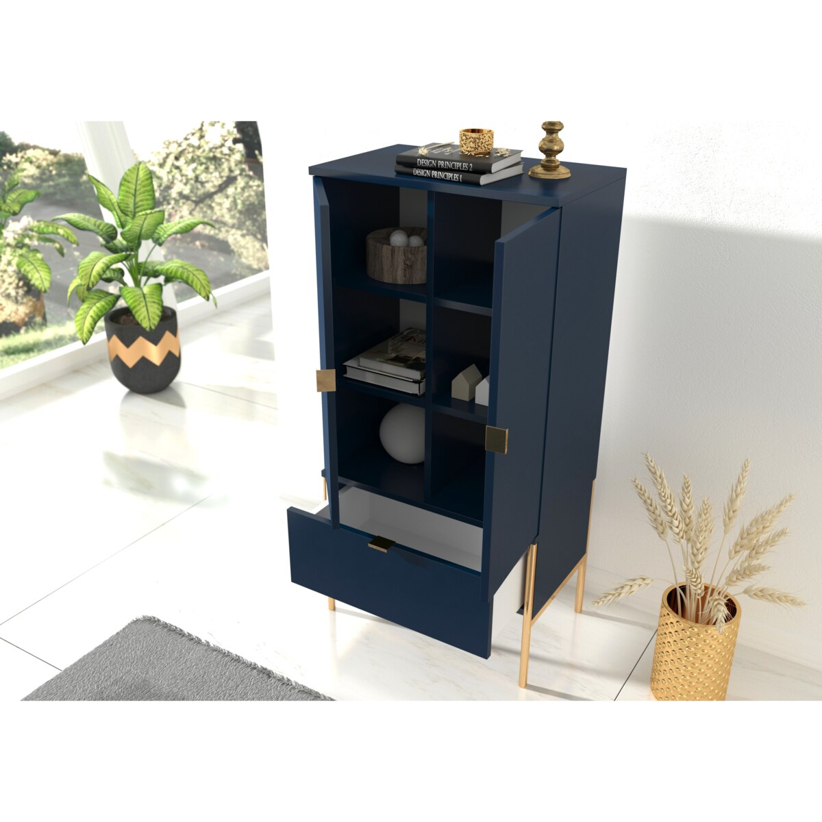 Wysoka elegancka granatowa komoda Skandica POLKA na złotych nóżkach