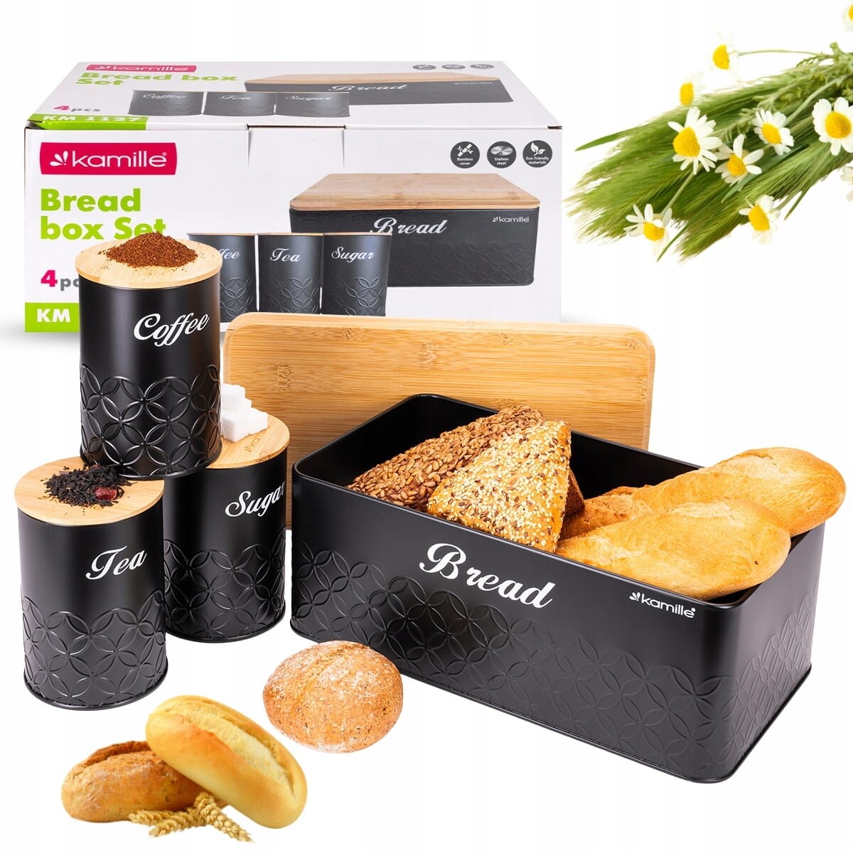 Zestaw Chlebak z 3 pojemnikami kuchennymi na przyprawy chleb pieczywo KAMILLE