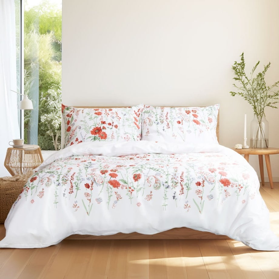 Pościel bawełniana 200x220 Cottonlove Exclusive Elyese biała w kolorowe wiosenne kwiaty