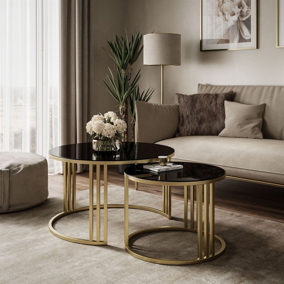 Okrągły stolik kawowy 2w1 LORI GLASS złoto szczotkowane, blat czarne szkło