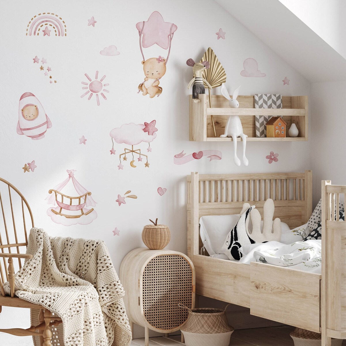 Naklejki Na Ścianę Dla Dzieci Misie Różowe Chmurki Rakieta Styl Boho ZESTAW 120x60cm
