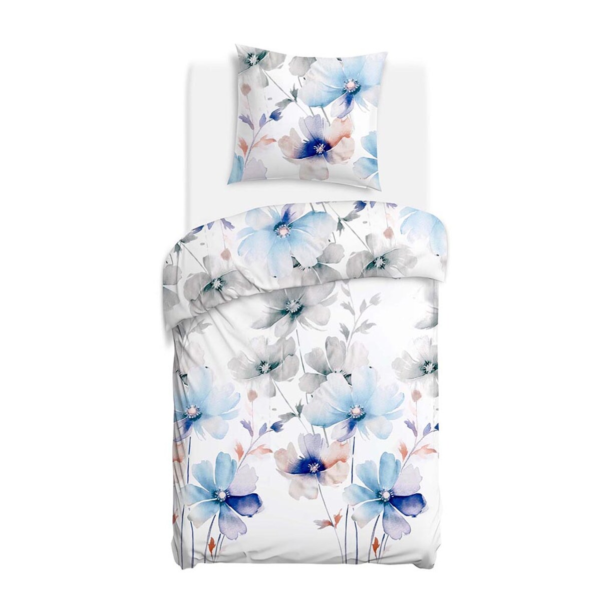 Pościel satyna bawełniana 140x200 Lunara biała w duże pastelowe niebieskie kwiaty, Satynlove