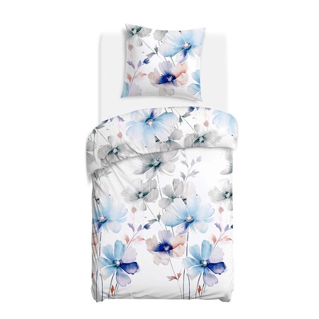 Pościel satyna bawełniana 140x200 Lunara biała w duże pastelowe niebieskie kwiaty, Satynlove