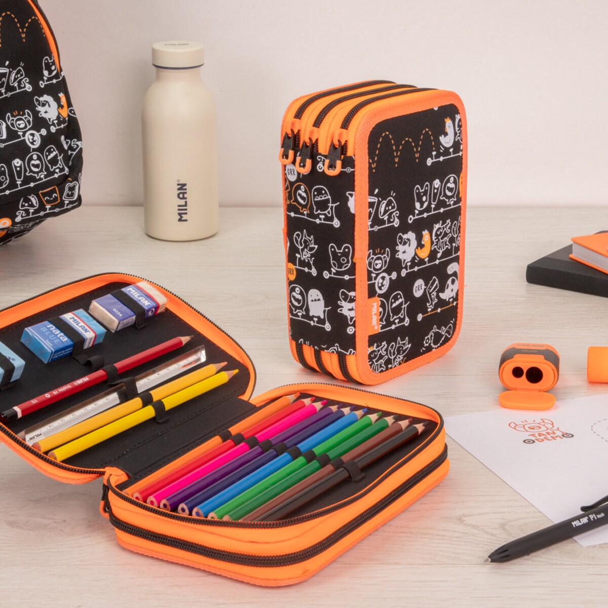 Piórnik 2-poziomowy z wyposażeniem MILAN TANDEM, czarny