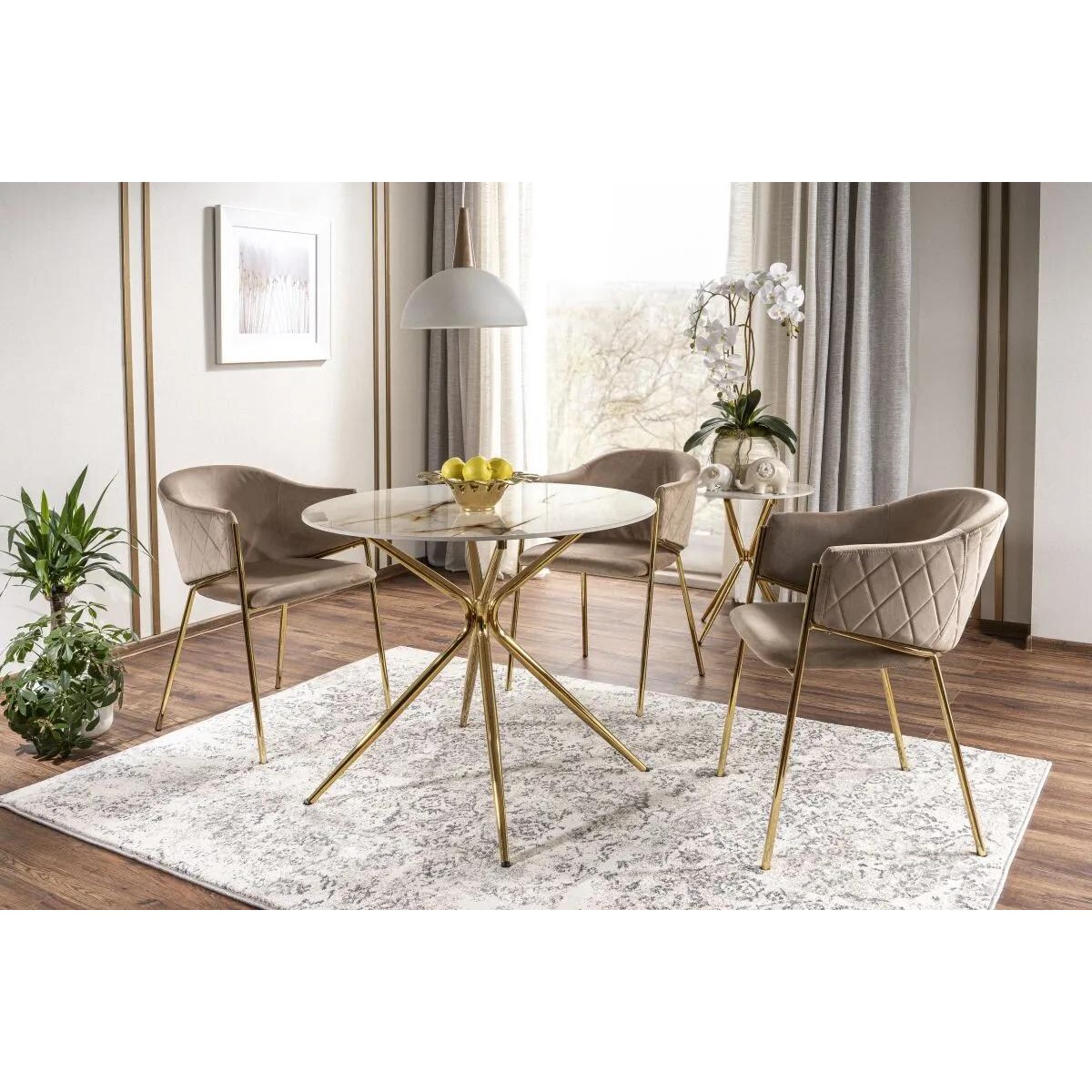 Stół okrągły AZALIA CERAMIC 90x90 biały marmur/złoty