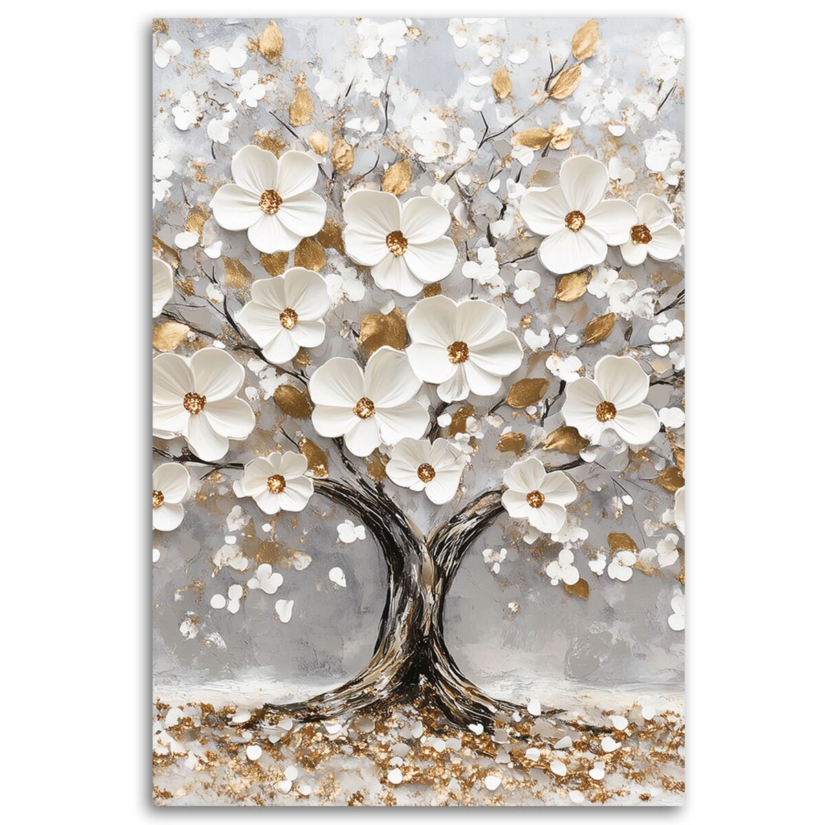 Obraz Drzewo Życia Białe Kwiaty Liście Zloty 70x100