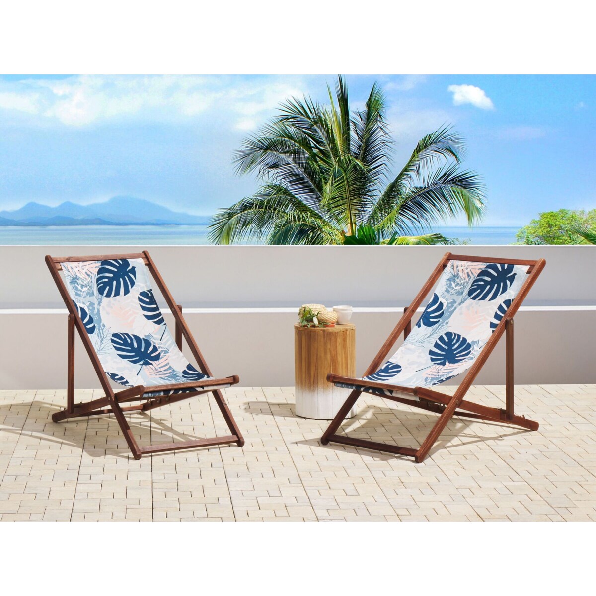 Zestaw 2 leżaków ogrodowych ciemne drewno akacjowe wzór w liście palmowe niebieski ANZIO
