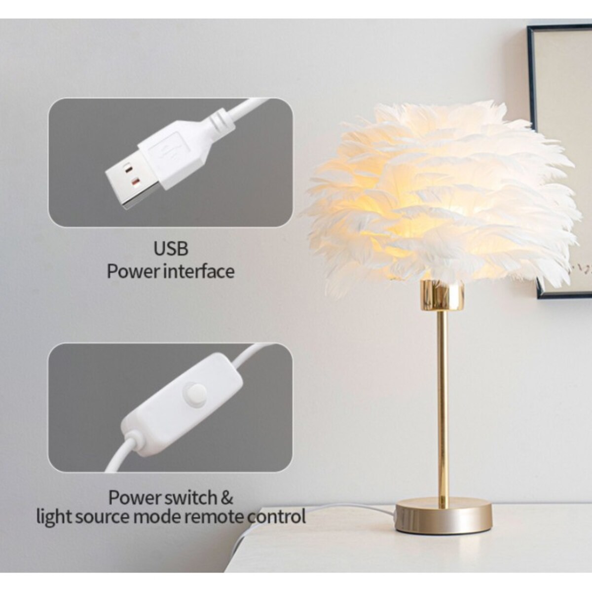 Elegancka lampa nocna stołowa z kloszem z szarych piór ściemniacz 3 kolory świecenia na komode USB OZD13